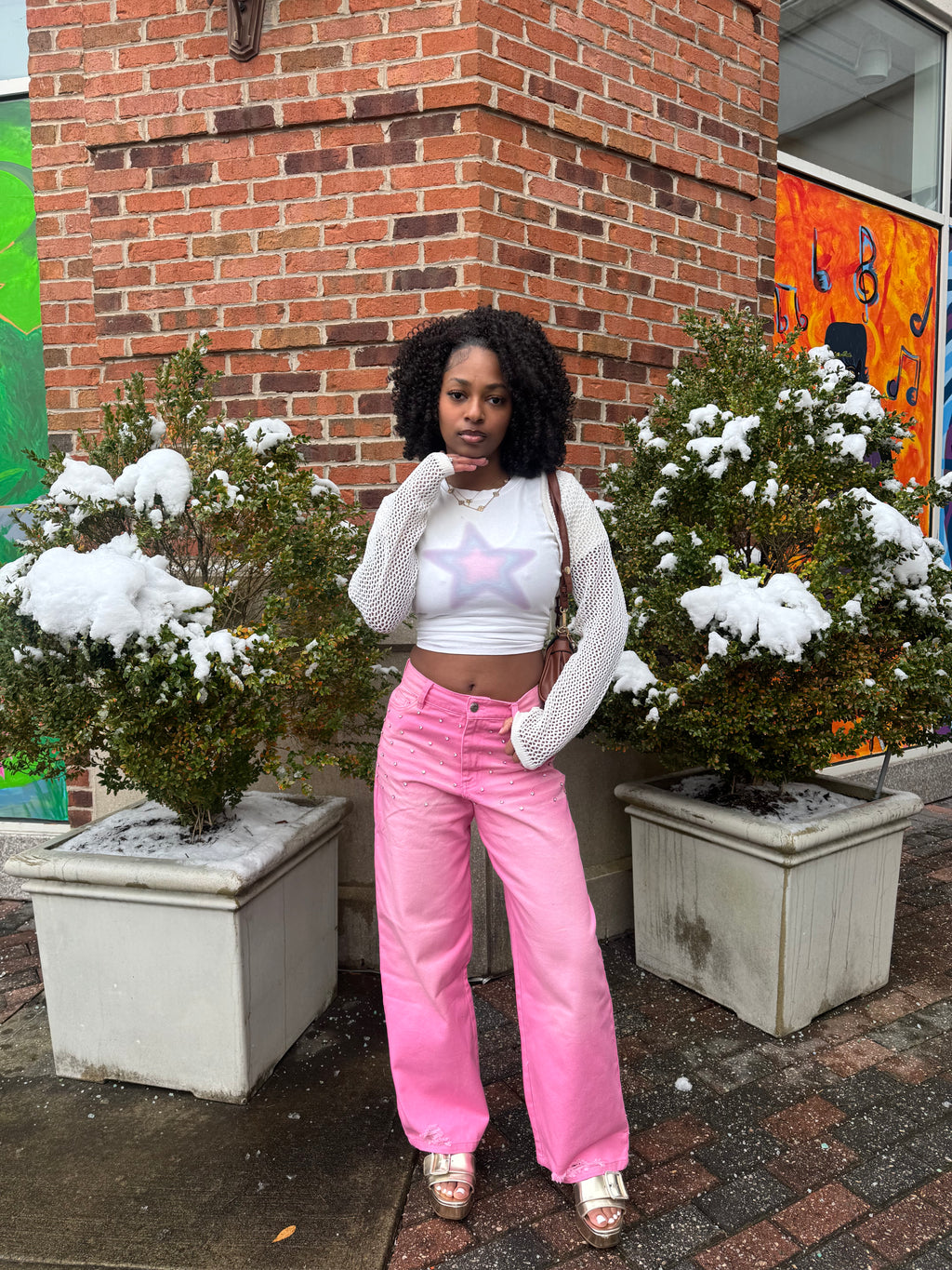 Pink Rose Rhinestone Denim