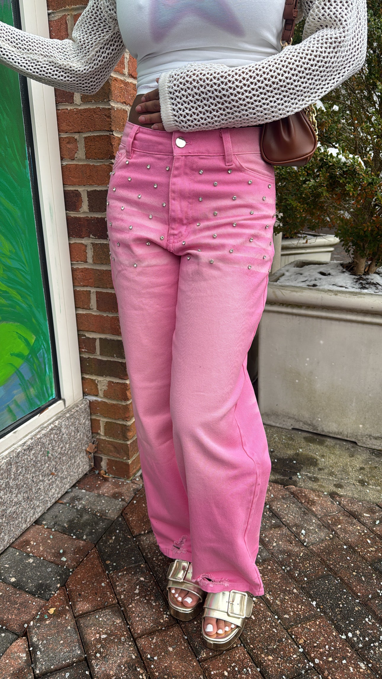Women Pink Rose Rhinestone Denim